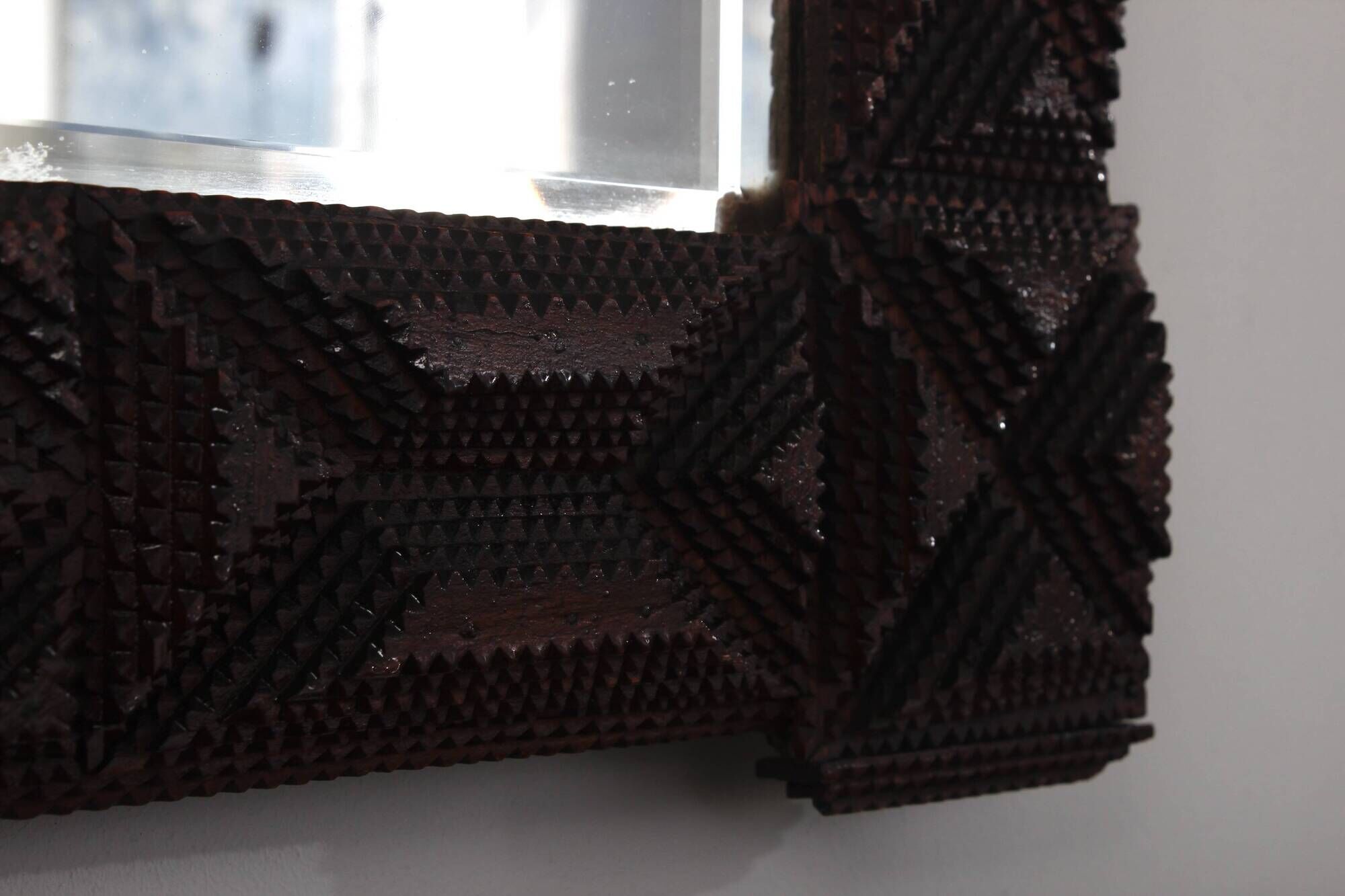 Antique Tramp Art wall mirror brutalism chip carving 1900