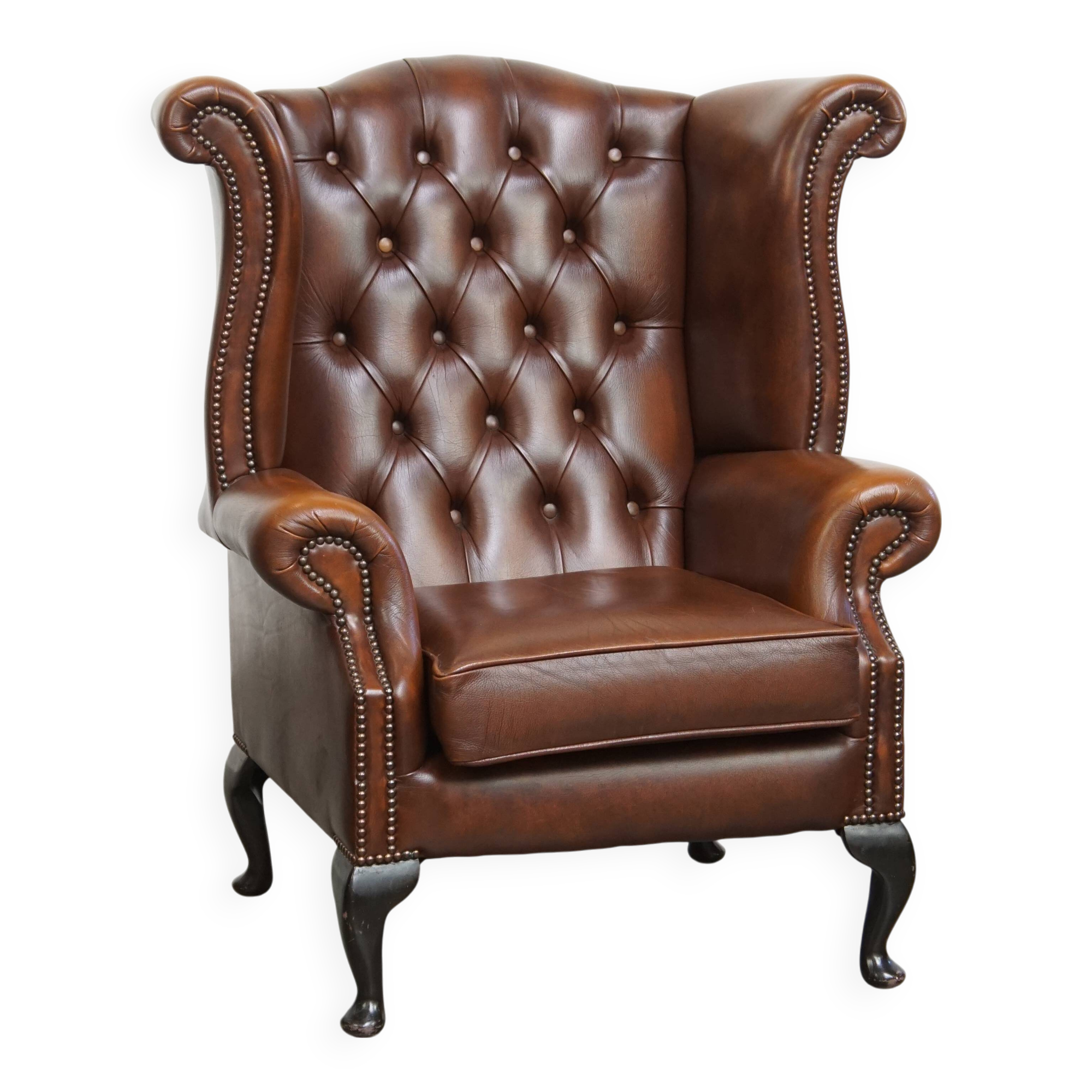 Chesterfield wing chair in dark brown English cowhide