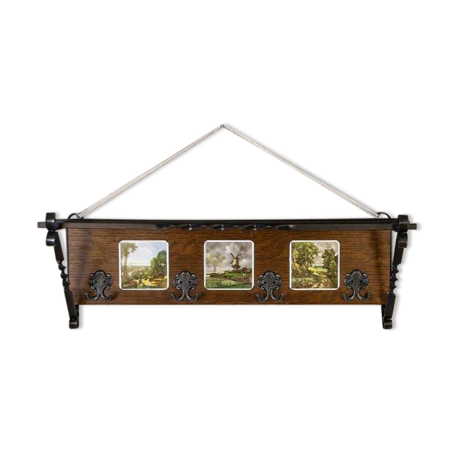 Early 20th Century Dutch Oak Wall Coat Rack with Decorative Tiles, 1950s