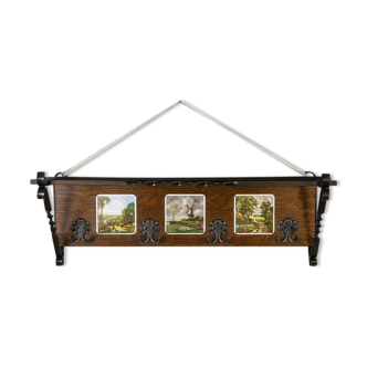 Early 20th Century Dutch Oak Wall Coat Rack with Decorative Tiles, 1950s