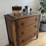 Vintage wooden chest of drawers with three drawers and brown marble top