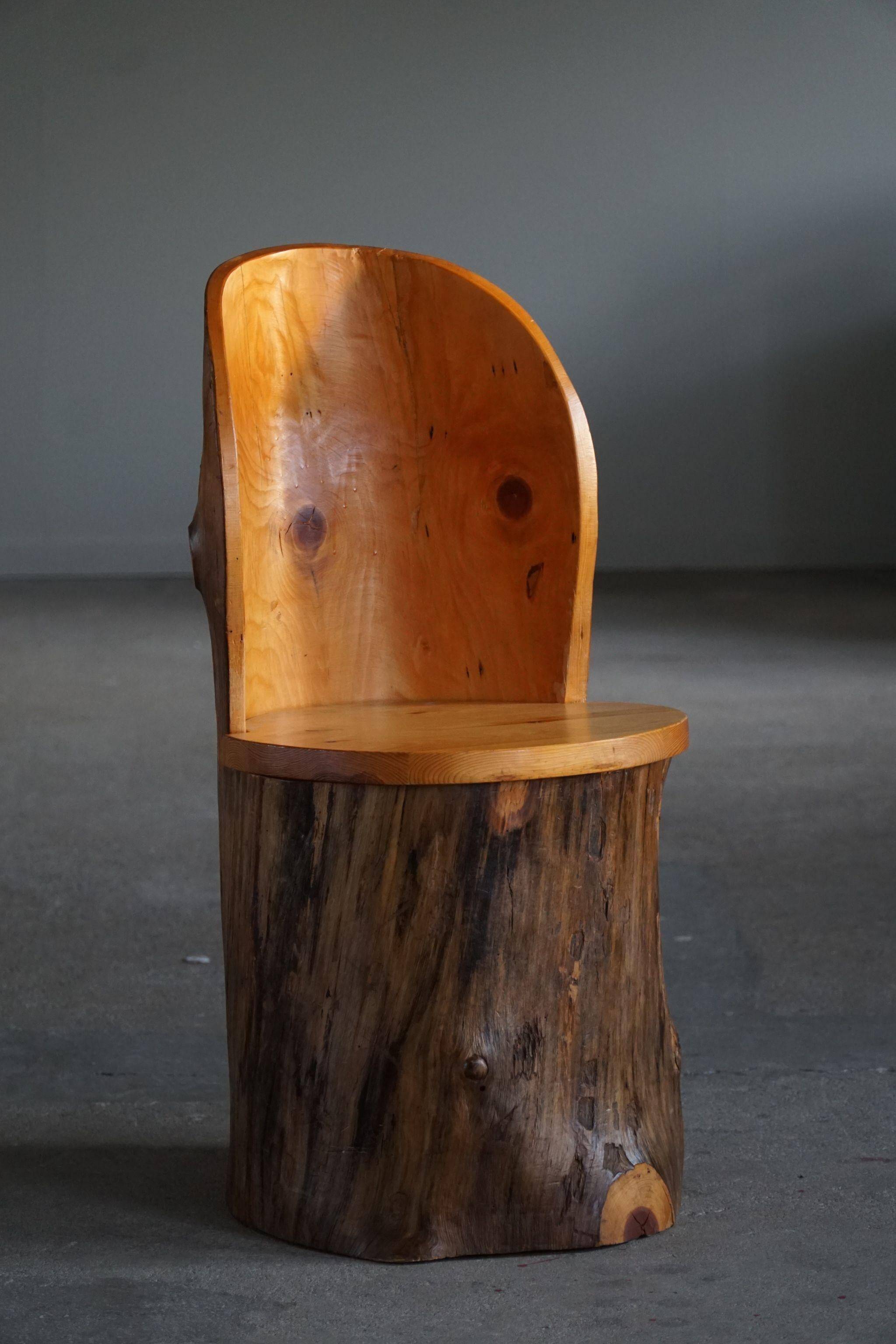 Modern primitive Swedish hand-carved pine stump chair, Wabi Sabi, 1960s