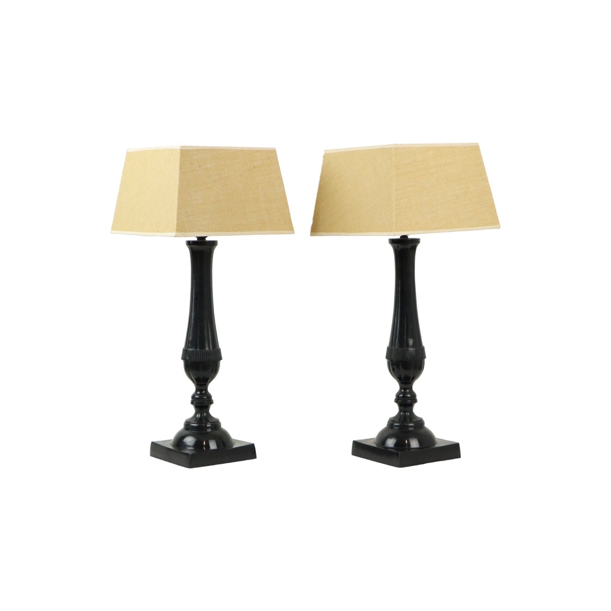 Pair of black metal table lamps lamps fabric shade parex vintage 58cm