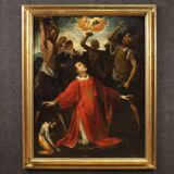 Antique painting on panel 17th century, The Martyrdom of Saint Stephen