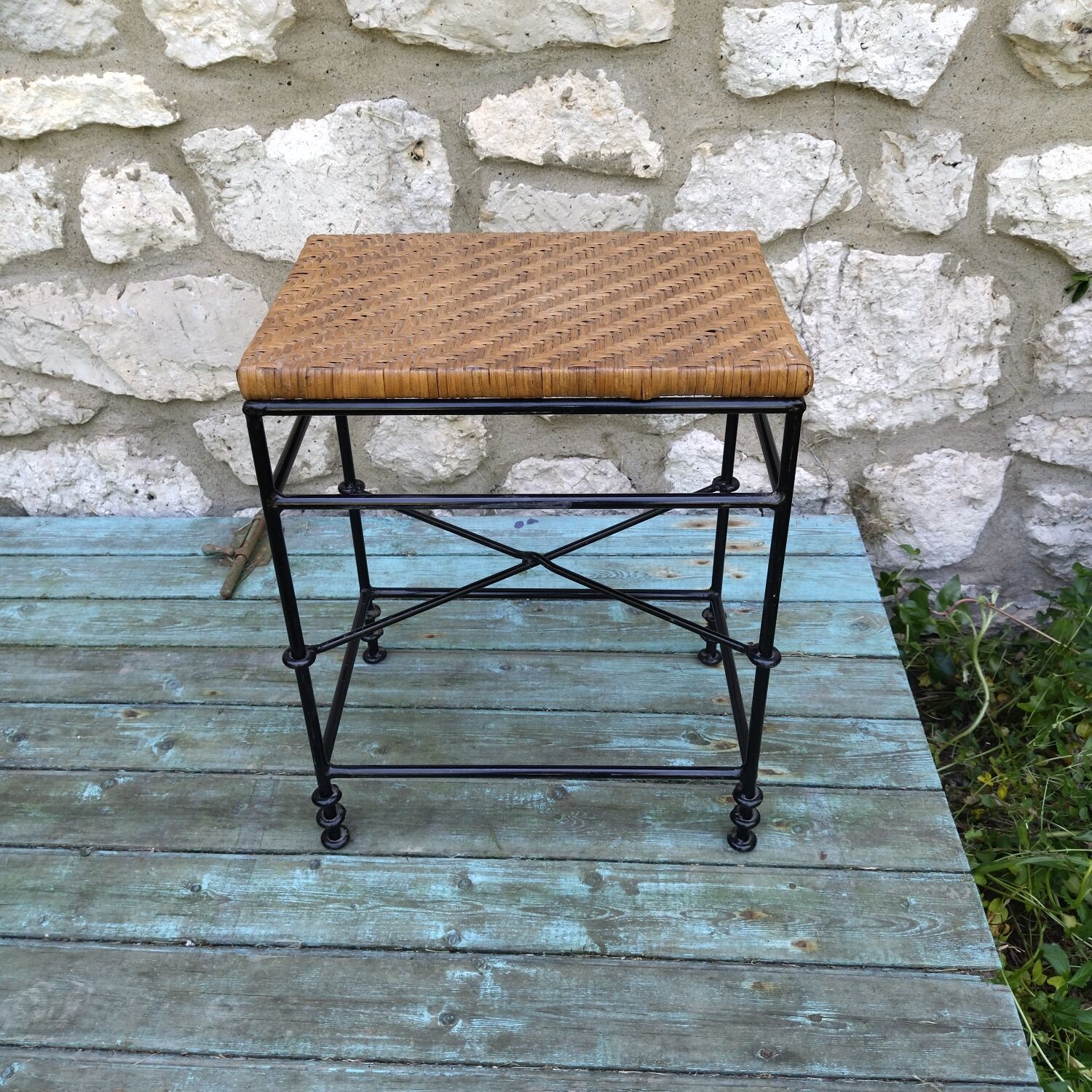 Bout de canapé tabouret rotin fer forgé années 50