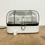 Industrial white porcelain cage wall light with ribbed glass, 1970s