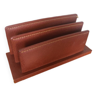 Old brown leather letter mail holder vintage office storage
