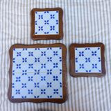 Vintage wood and blue ceramic tile coaster and bottle coaster set