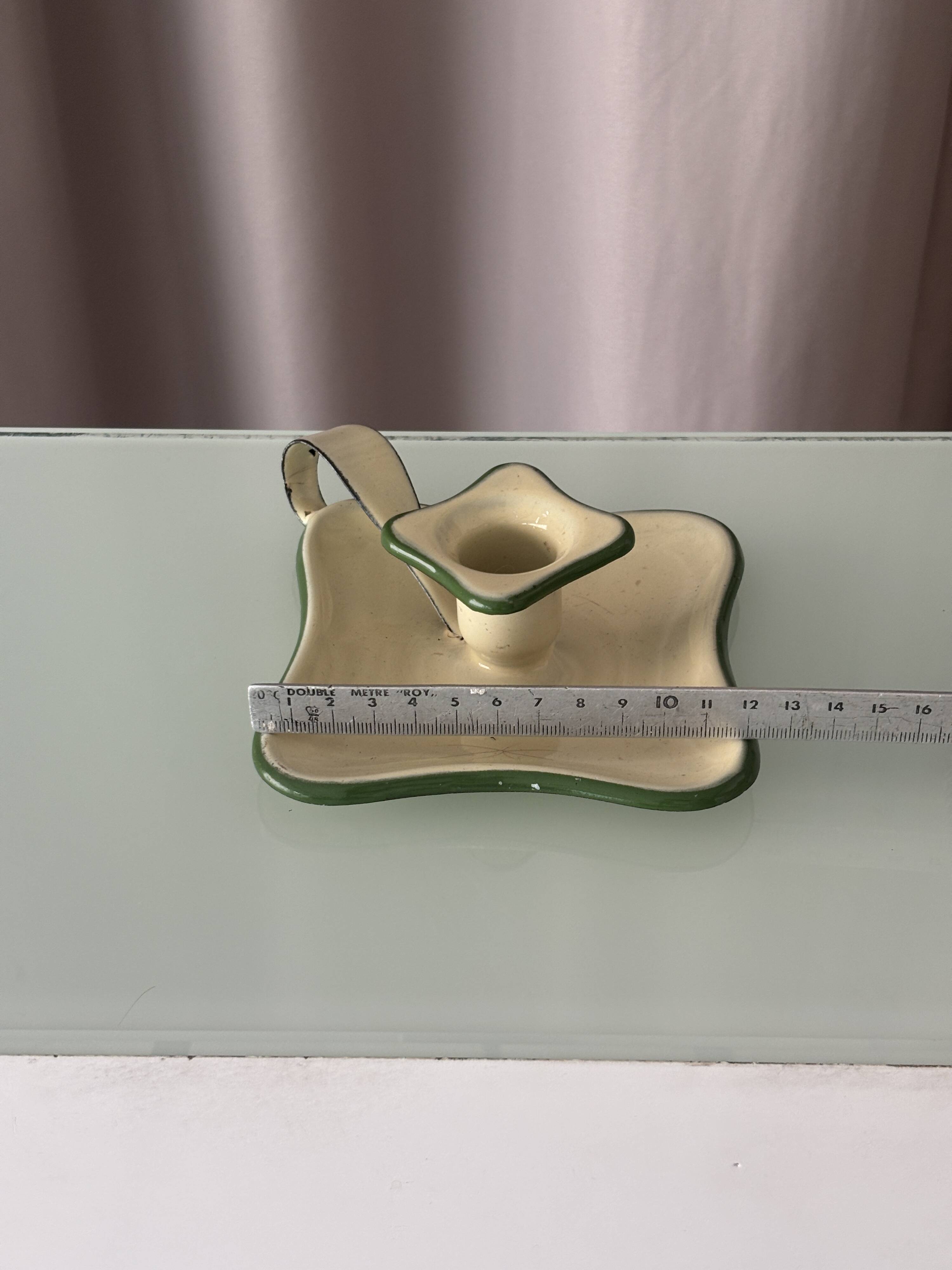 Vintage Belgian Enamel Chamberstick Candle Holder – Cream & Green