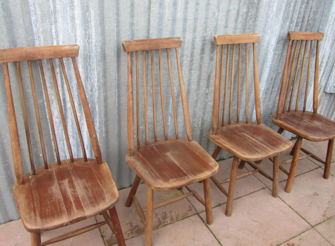 Scandinavian solid wooden high back spindle chairs, set of 4