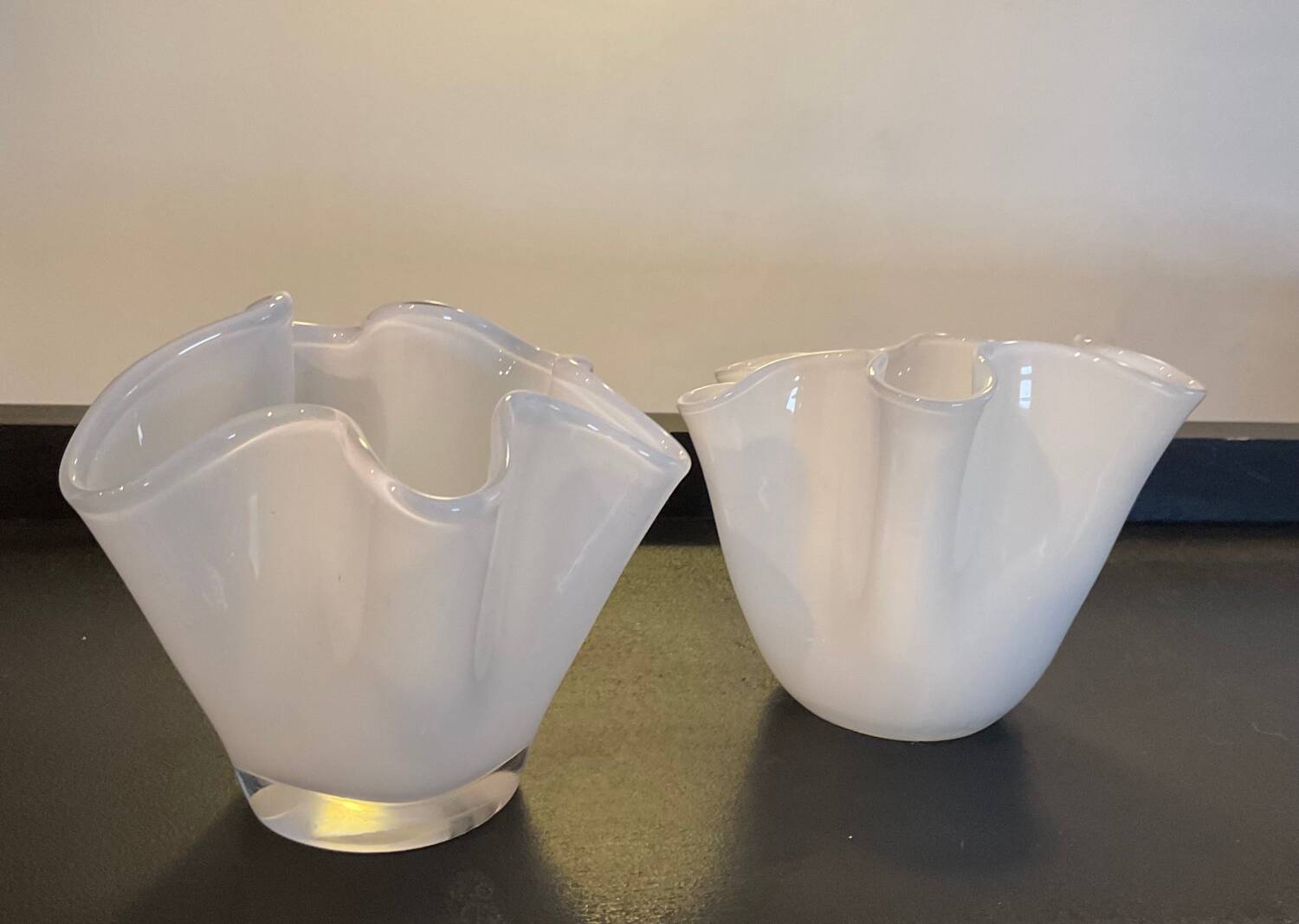 Duo of vintage handkerchief vases in glass paste