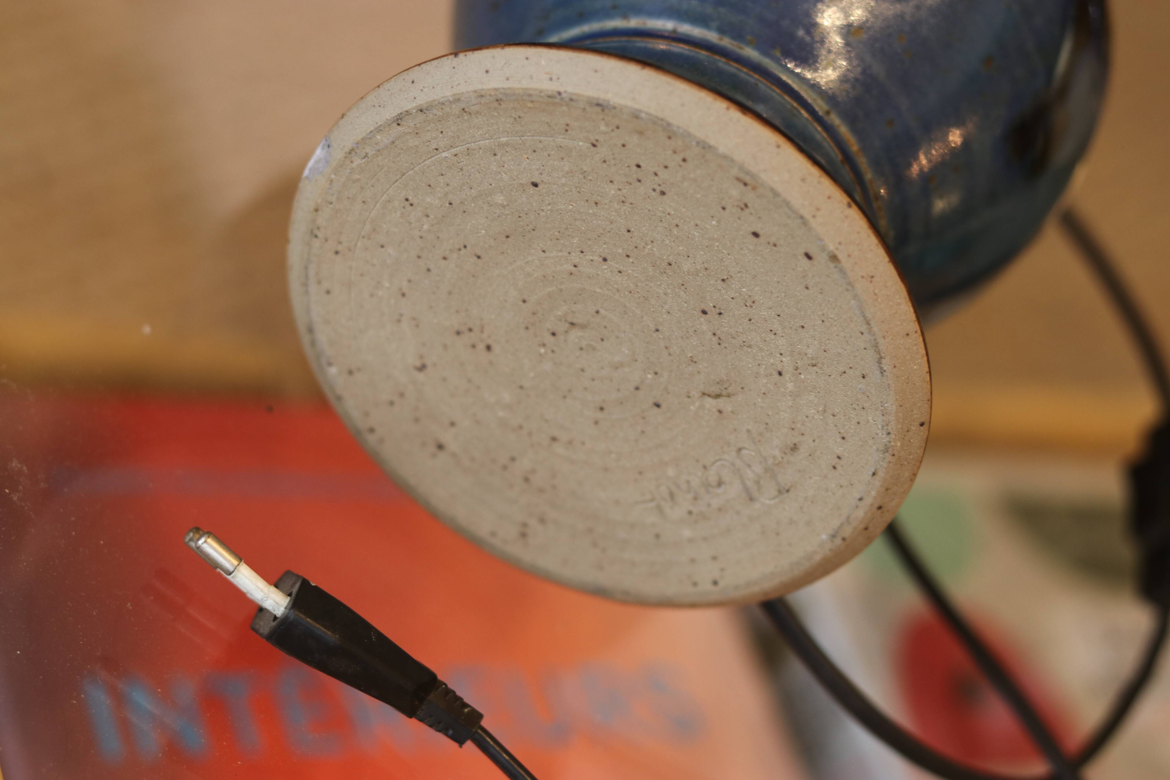 Blue enamelled stoneware lamp base – signed Blanot