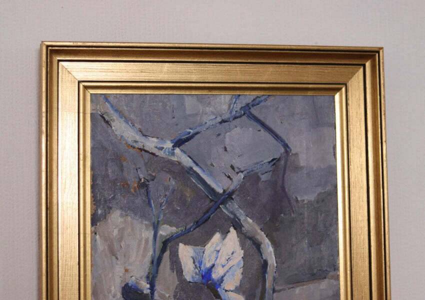 Original Swedish oil on canvas – “Winter Cyclamen” by Majken Bergvin (1922–2012) – 1965 – vintage & framed – 62 × 43 cm