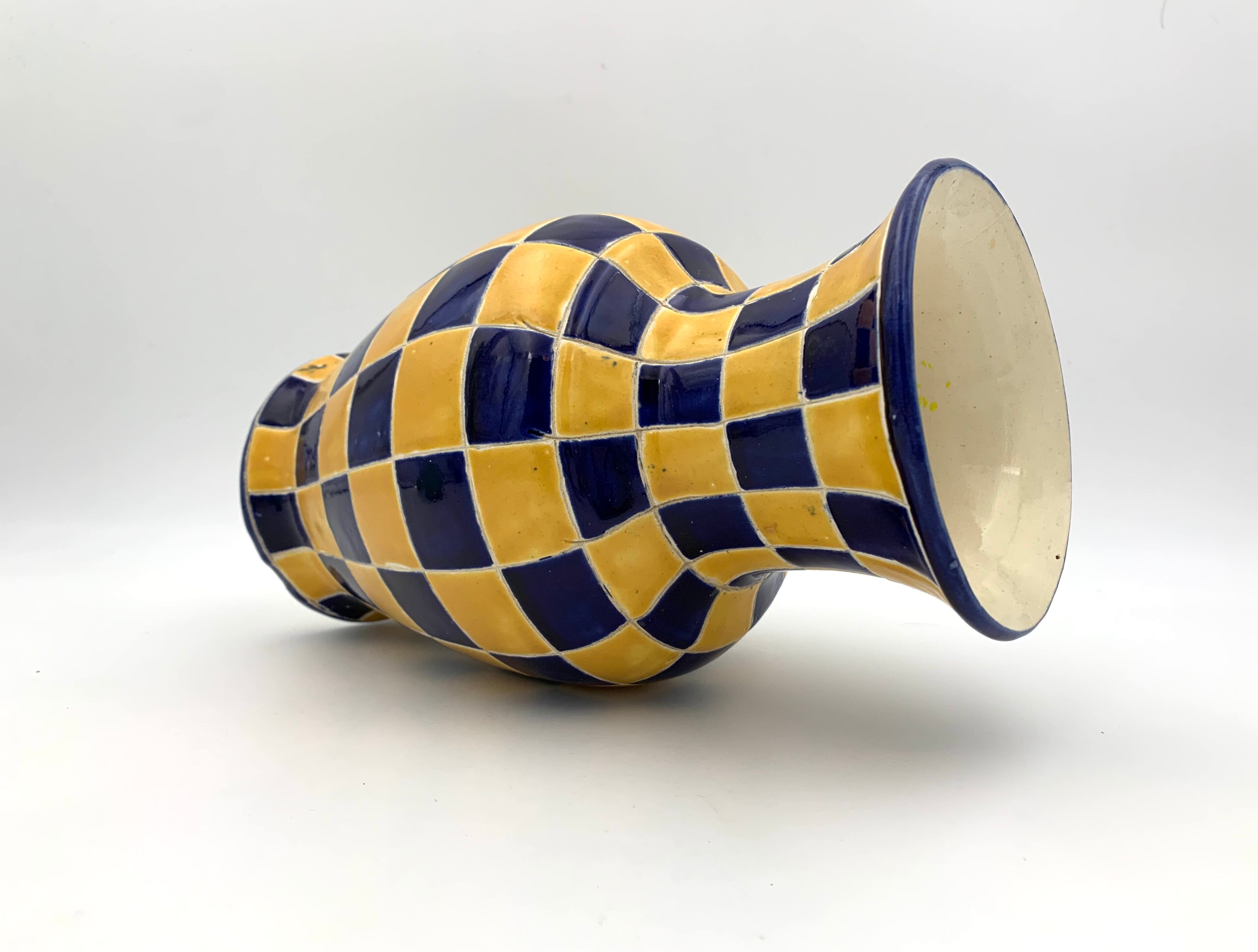 Vintage ceramic vase, blue and yellow checkerboards - 1950s-1960s
