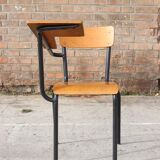 Chaise pupitre d'étudiant en acier & bois, France 1950s