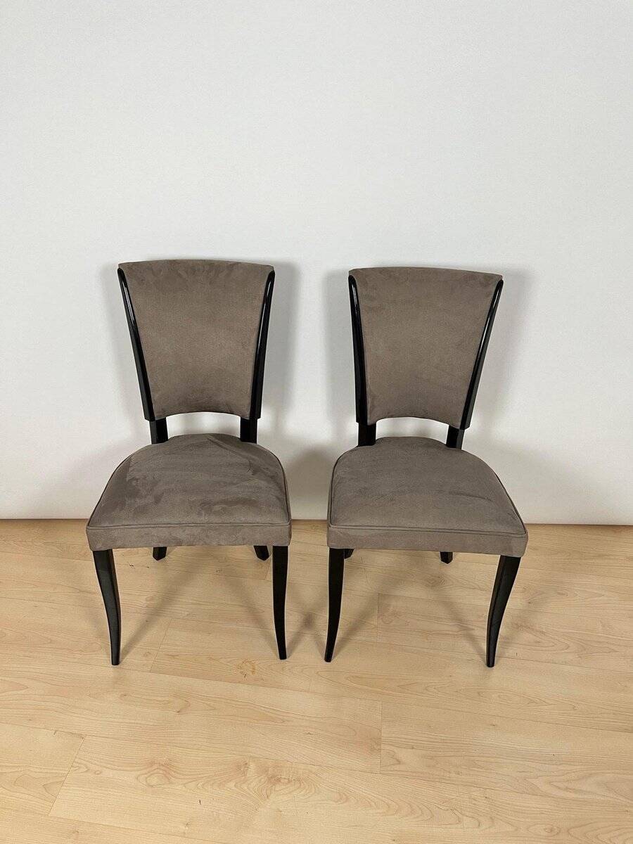 Art Deco Chairs in Black Lacquer & Grey Alcantara, France, 1930s, Set of 6