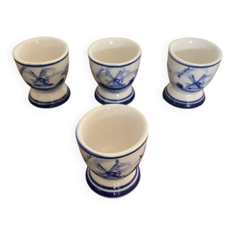 Set of 4 antique delft egg cups, white ceramic with blue vinta decor