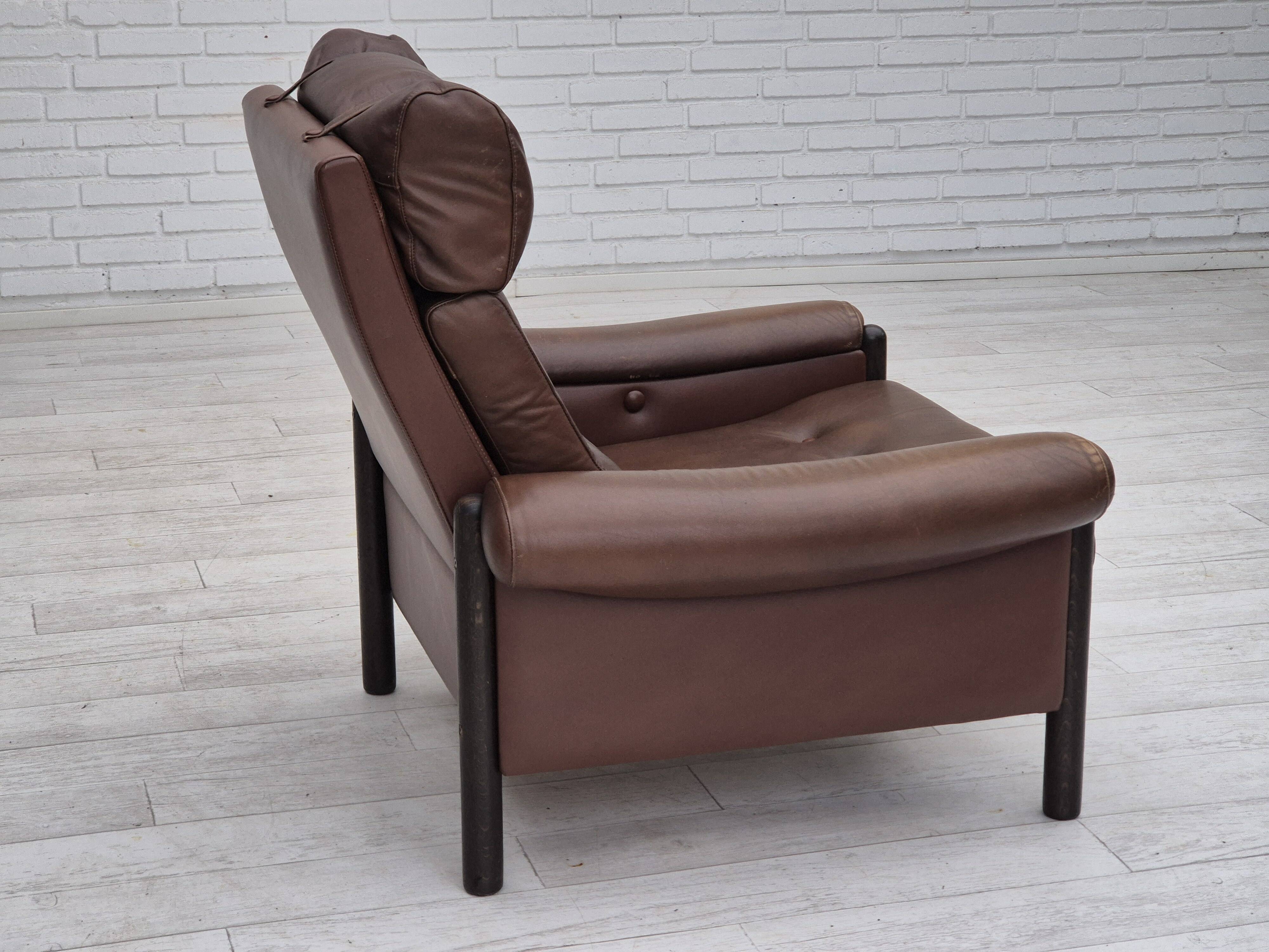 1970s, Danish armchair, original condition, furniture leather, dark oak wood.