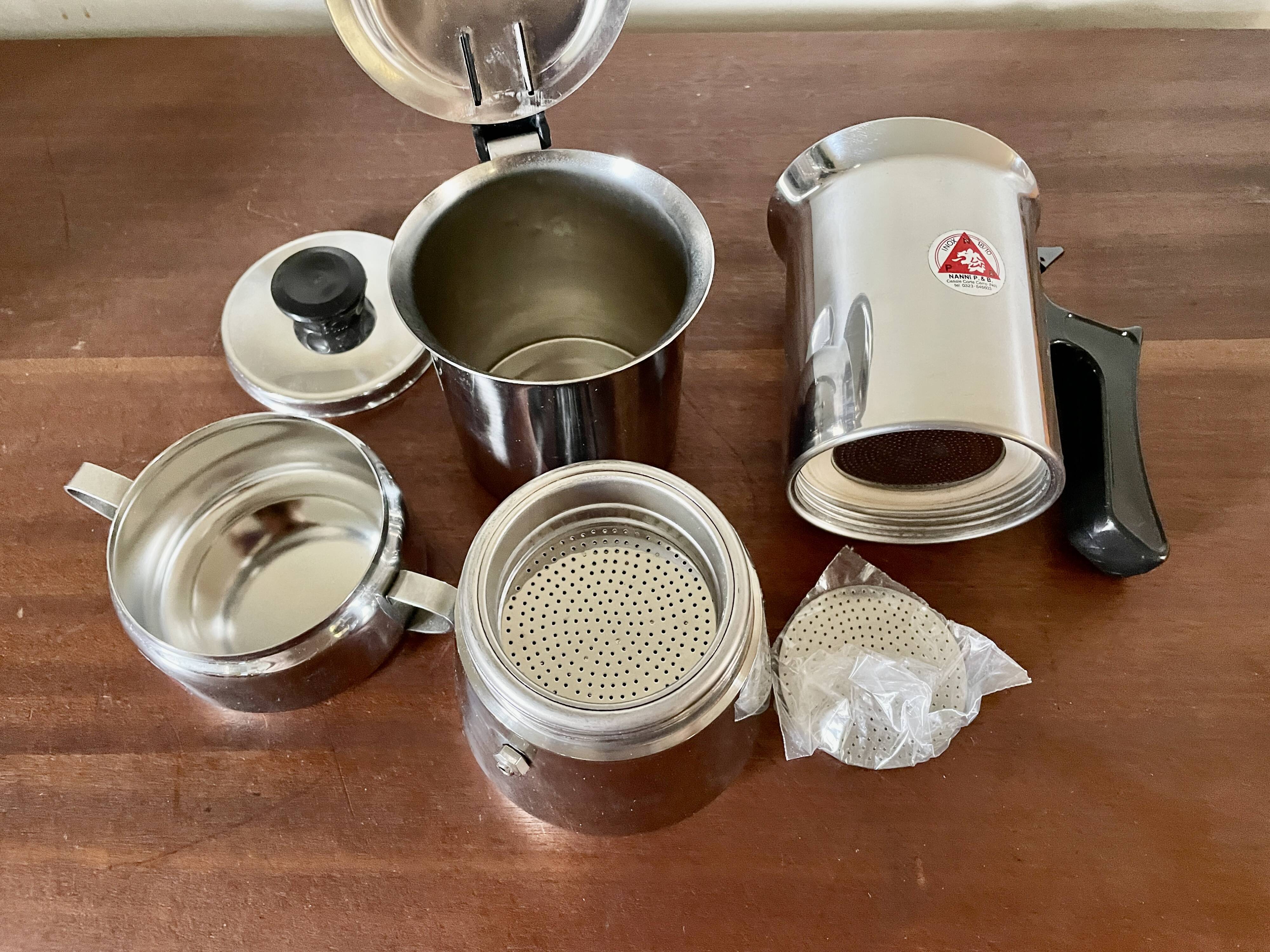 Euroexpress Nanni stainless steel set, 6-cup coffee maker, Italy 1980