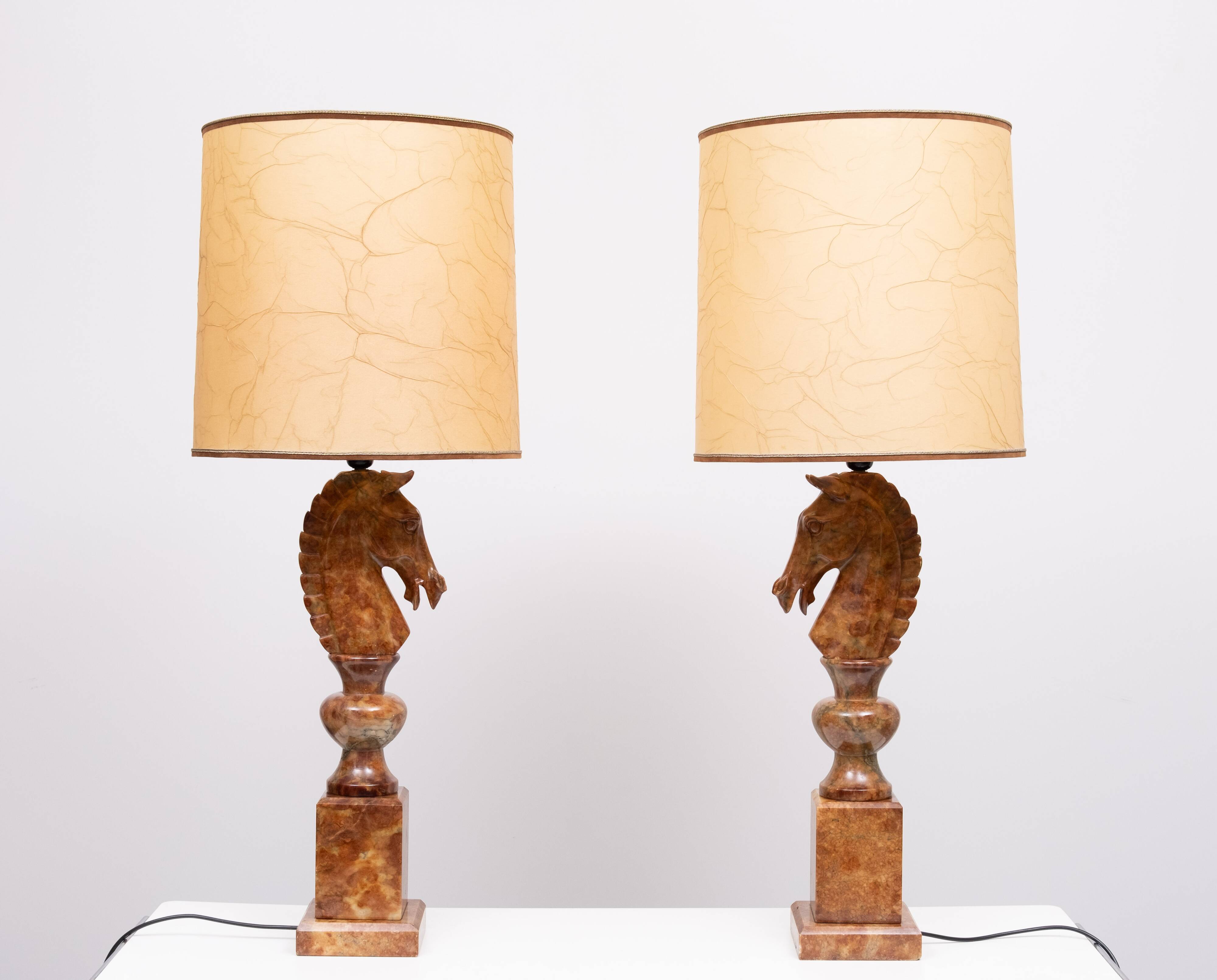 Large Horse Head Chess Knights Lamp in Carved Alabaster, taly, 1960s, Set of 2