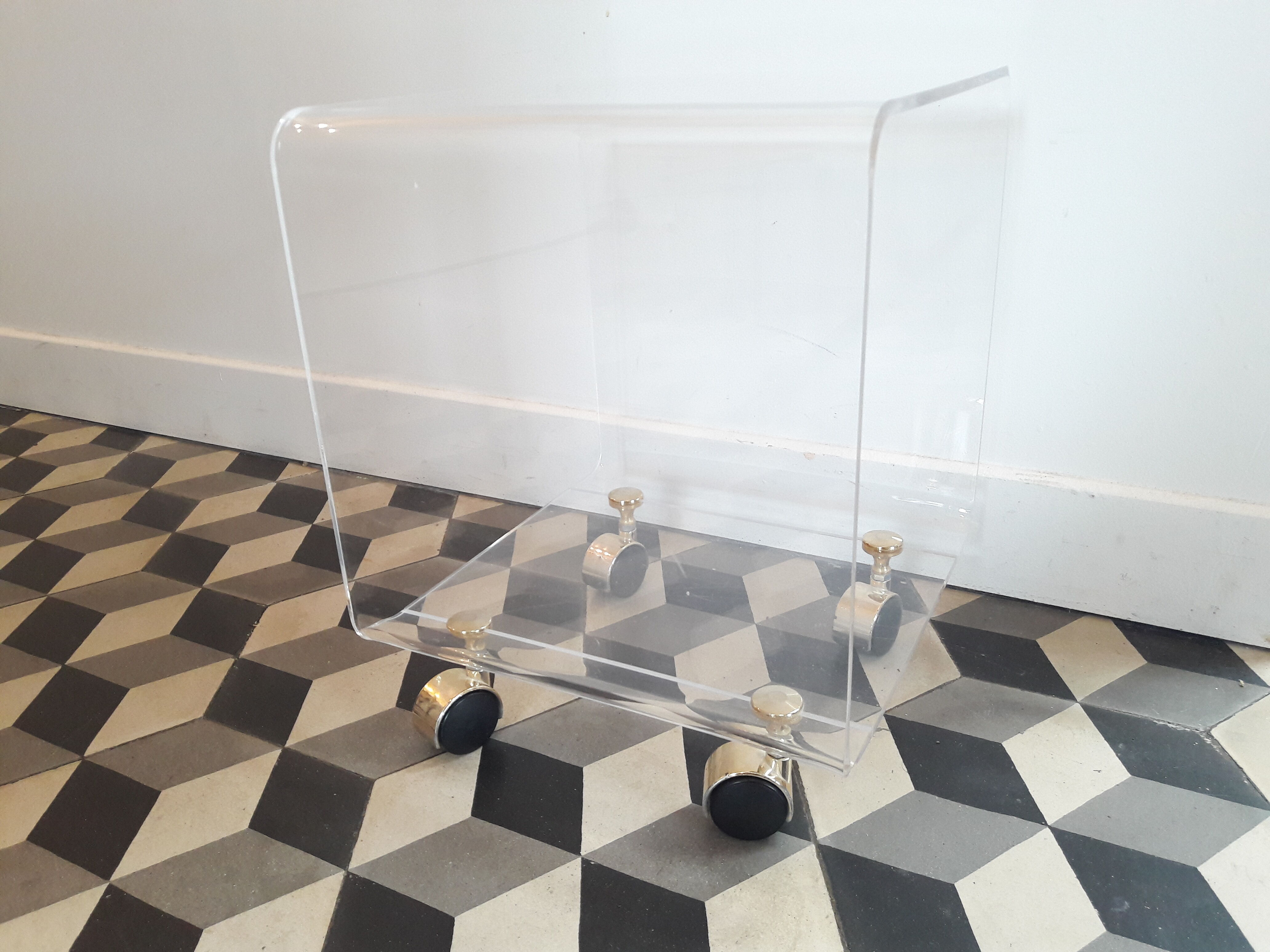 Bedside coffee table David Lange on wheels Plexiglass