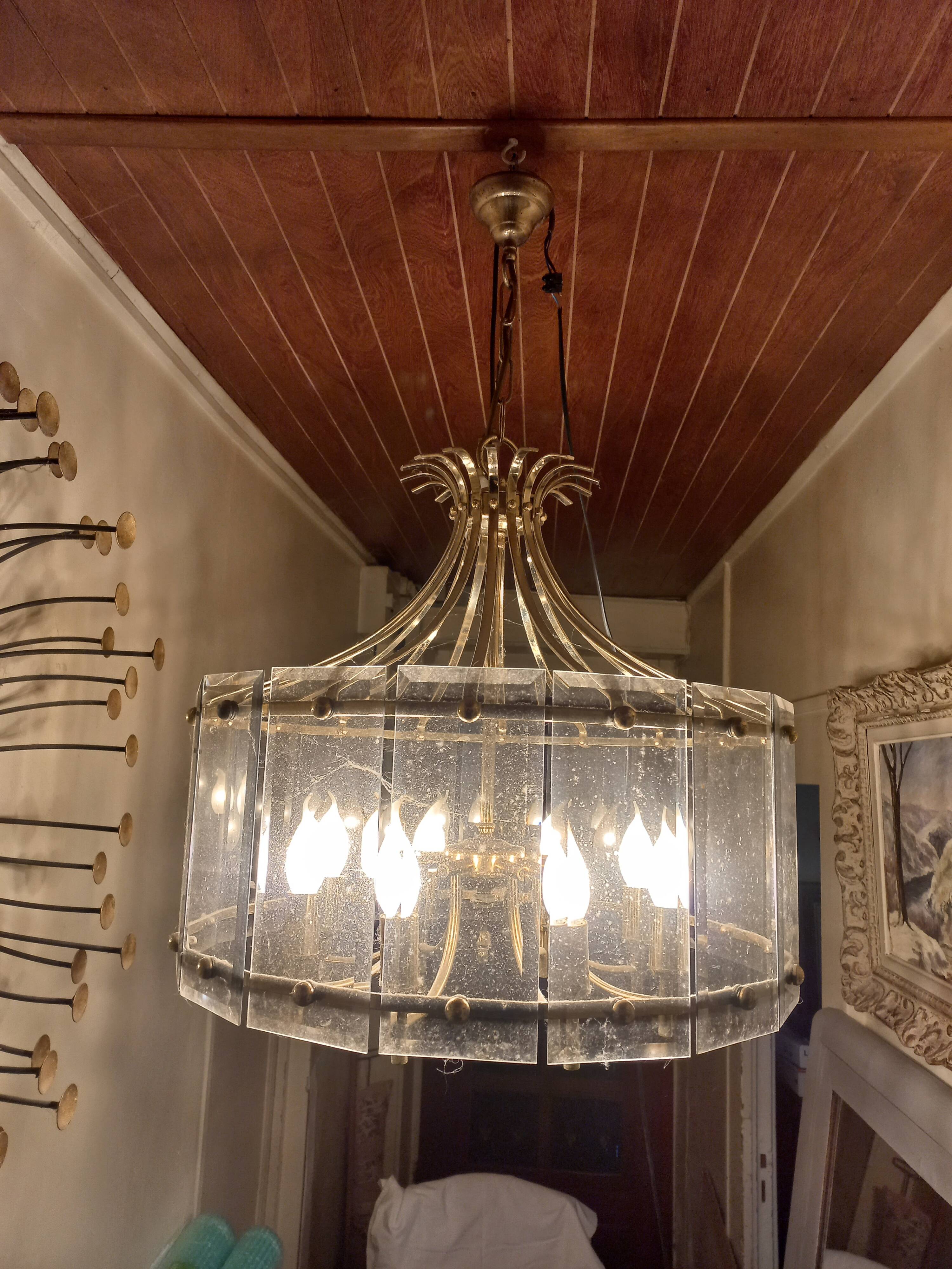 70s designer chandelier with smoked glass plates and gold metal frame