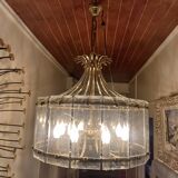 70s designer chandelier with smoked glass plates and gold metal frame
