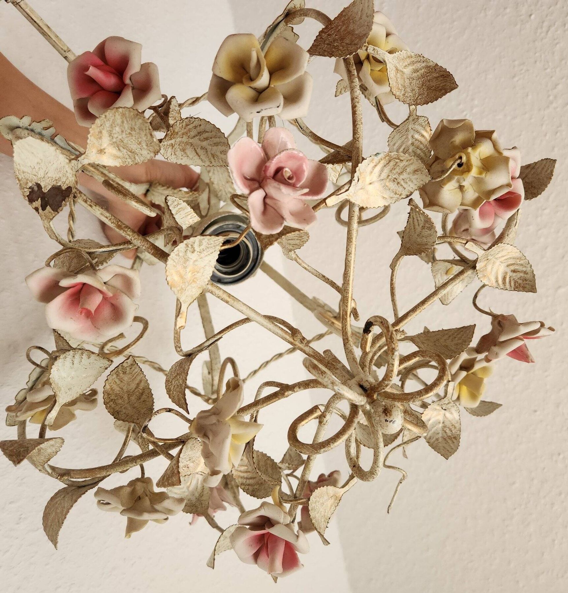 Hand-forged vintage pendant lamp with porcelain roses, Denz Neheim Hüsten