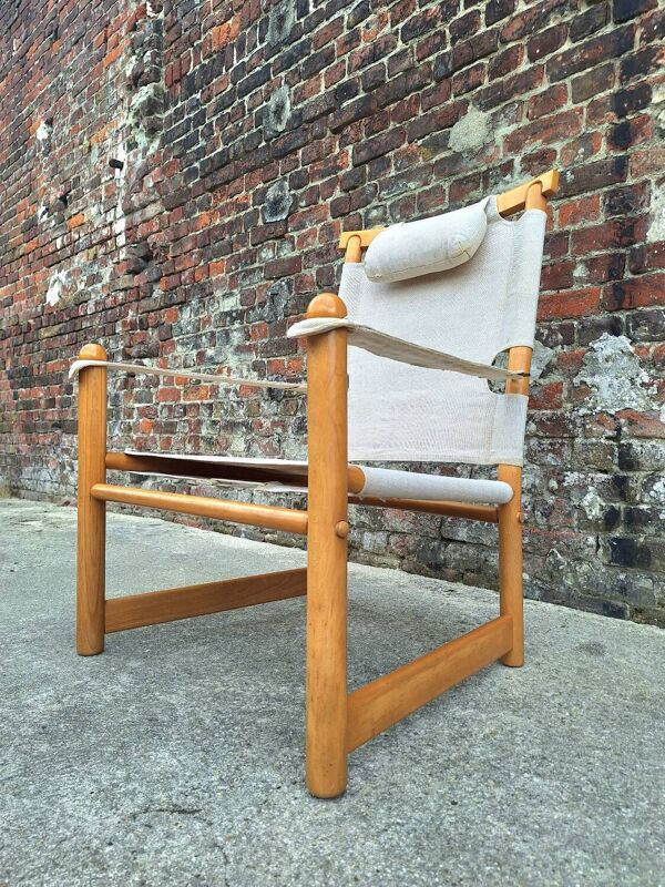 Fauteuil safari vintage, meuble siège ancien orme et lin