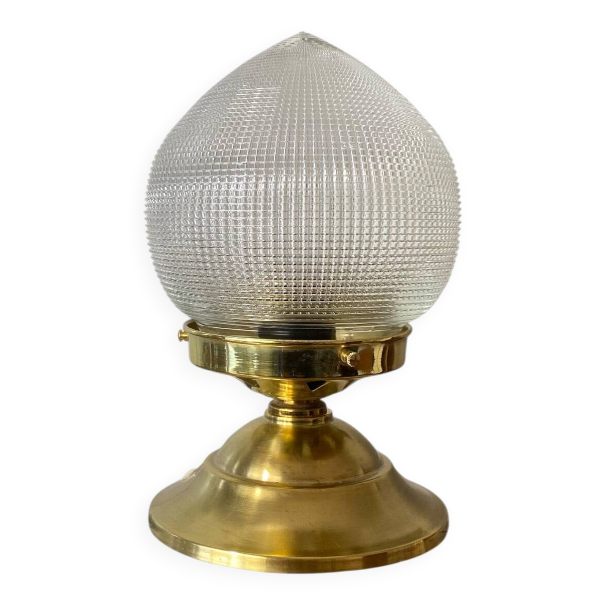 Antique globe table lamp in glass, Holophane type, and brass.