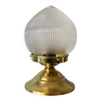 Antique globe table lamp in glass, Holophane type, and brass.