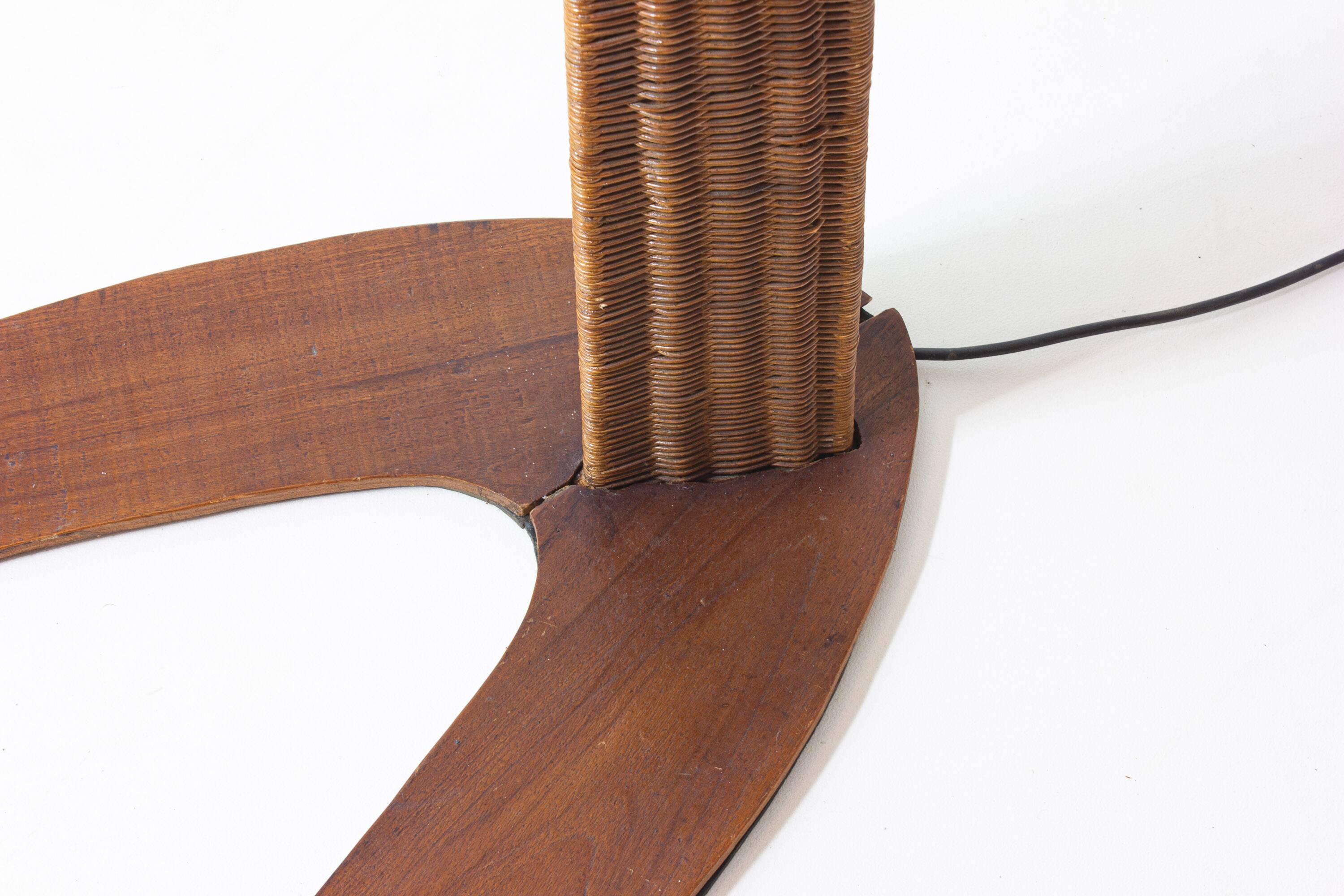 Italian wood arc floor lamp in rattan, 1970s