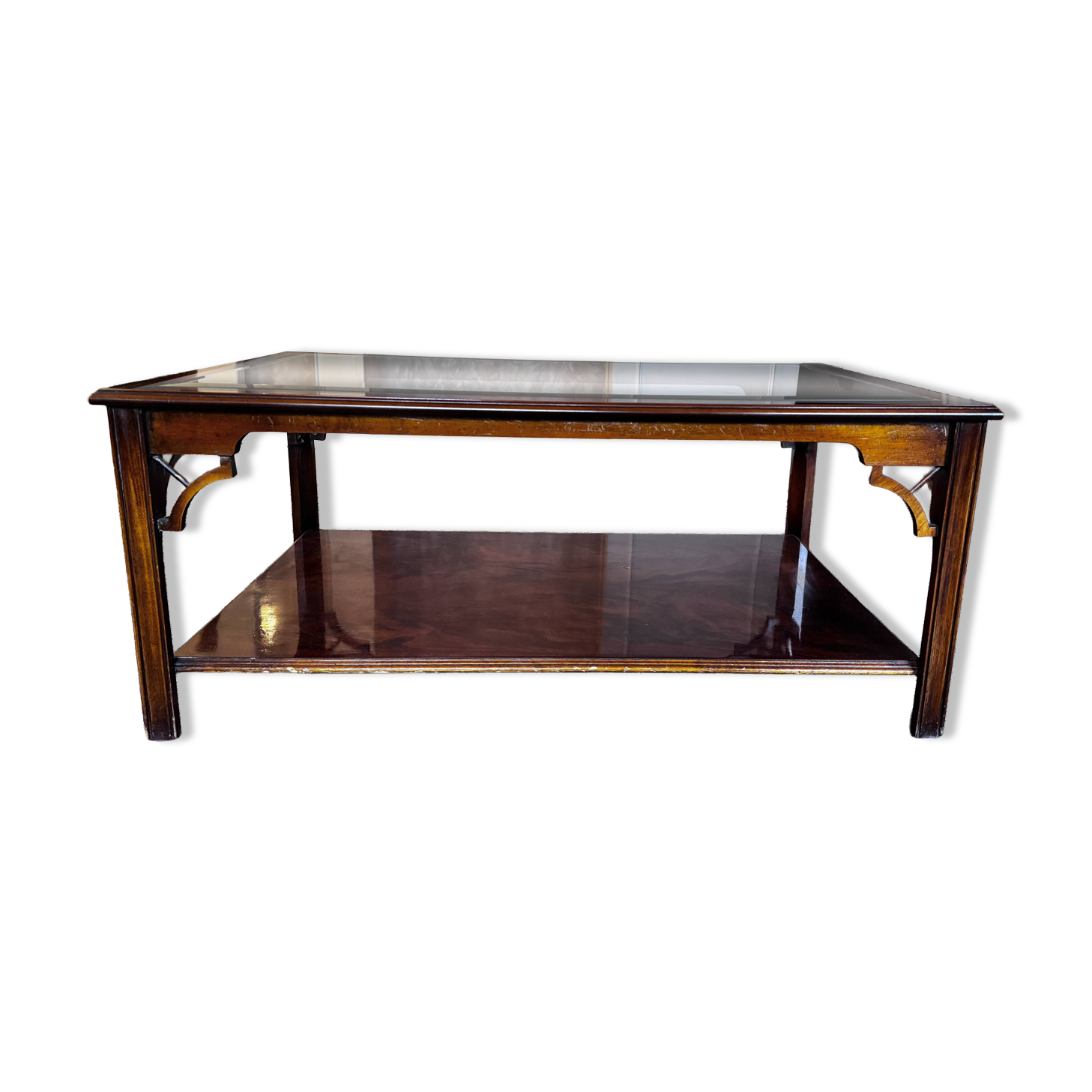 double-tiered coffee table in wood and glass