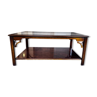 double-tiered coffee table in wood and glass