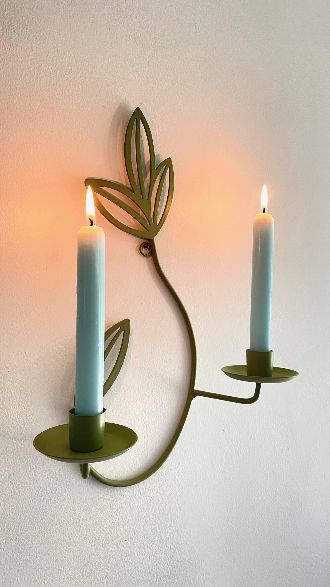 Wall Candle Holder, Green Metal Leaves
