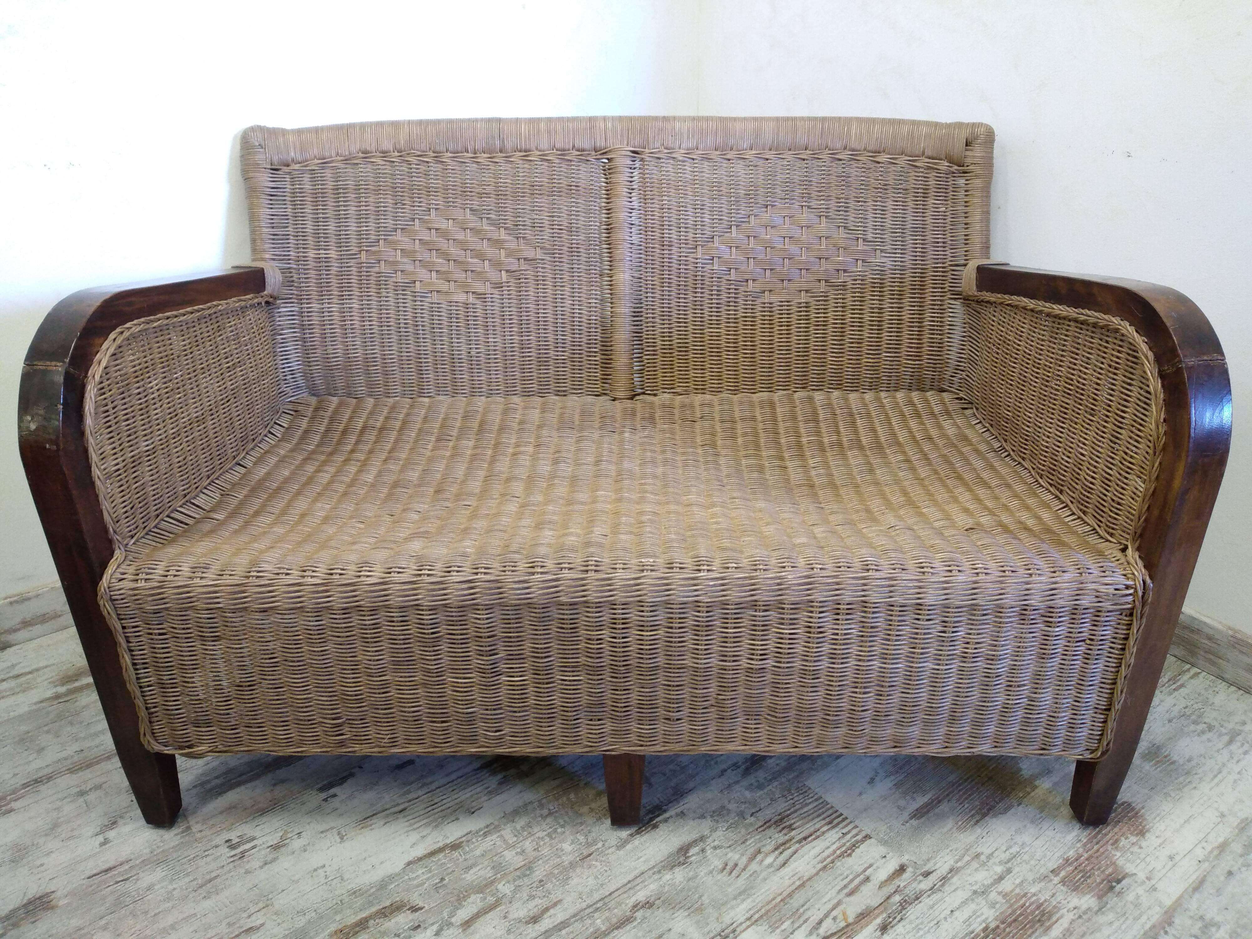 Bench seat and armchair in old rattan