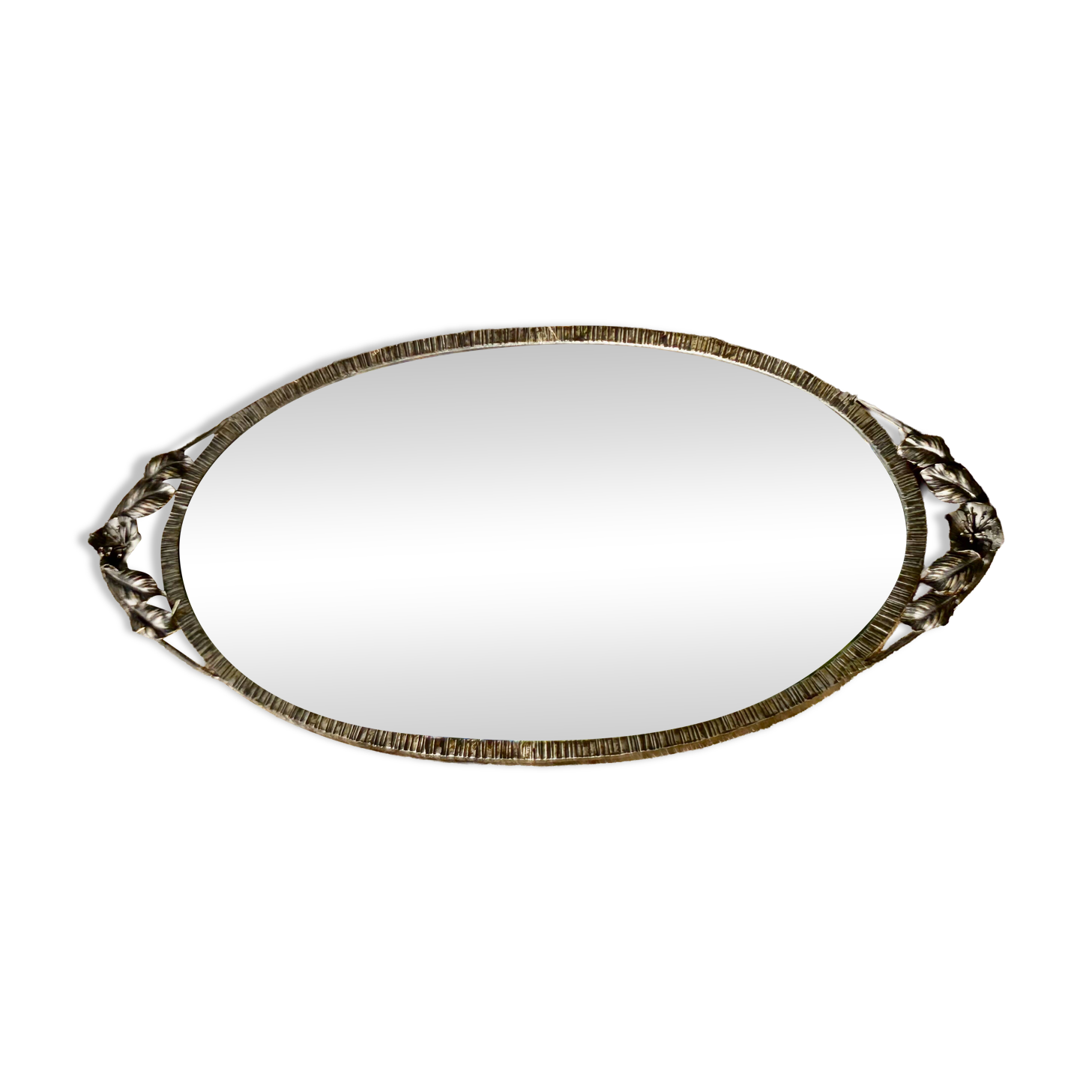 Bevelled oval mirror, richly crafted Art Deco wrought iron.