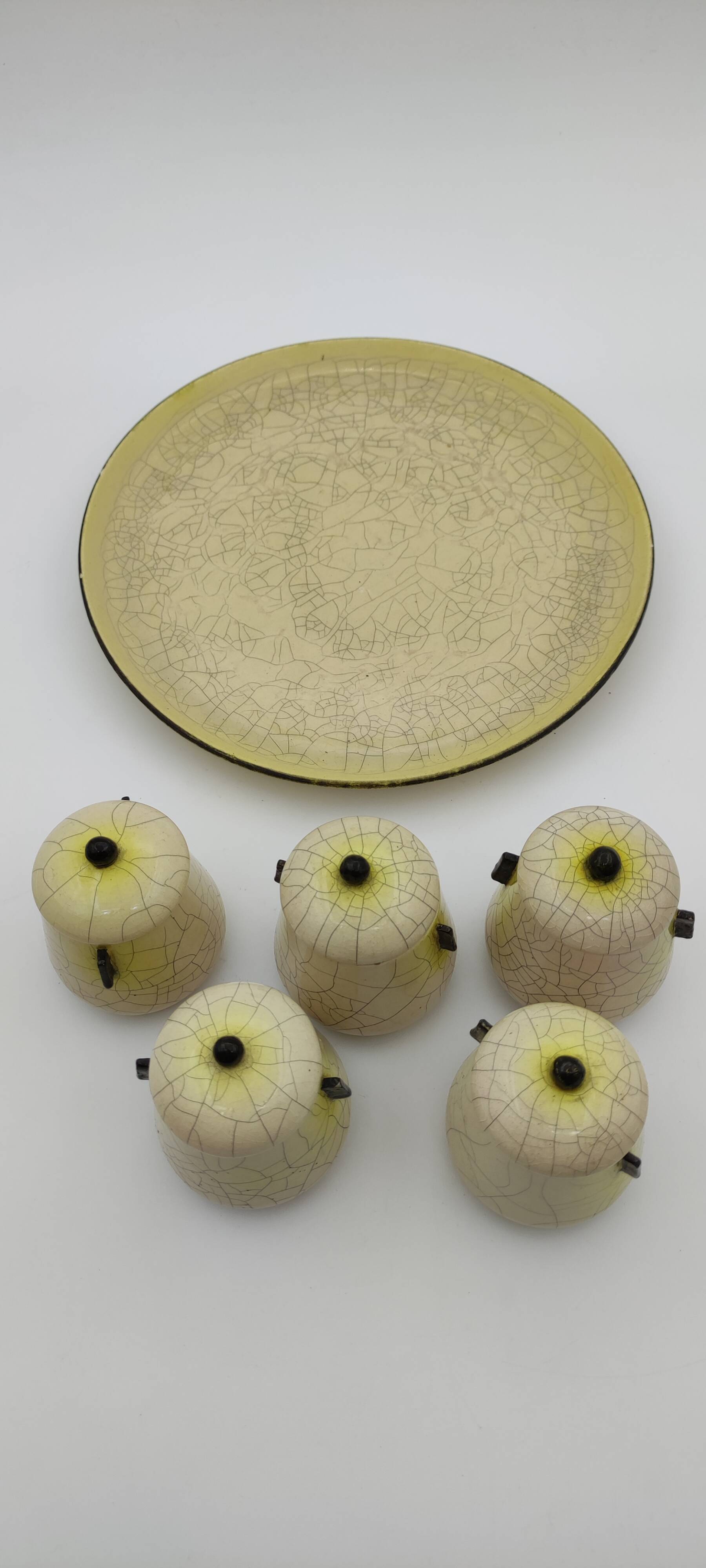 5 ceramic pots and tray Jean Maubrou Puisaye