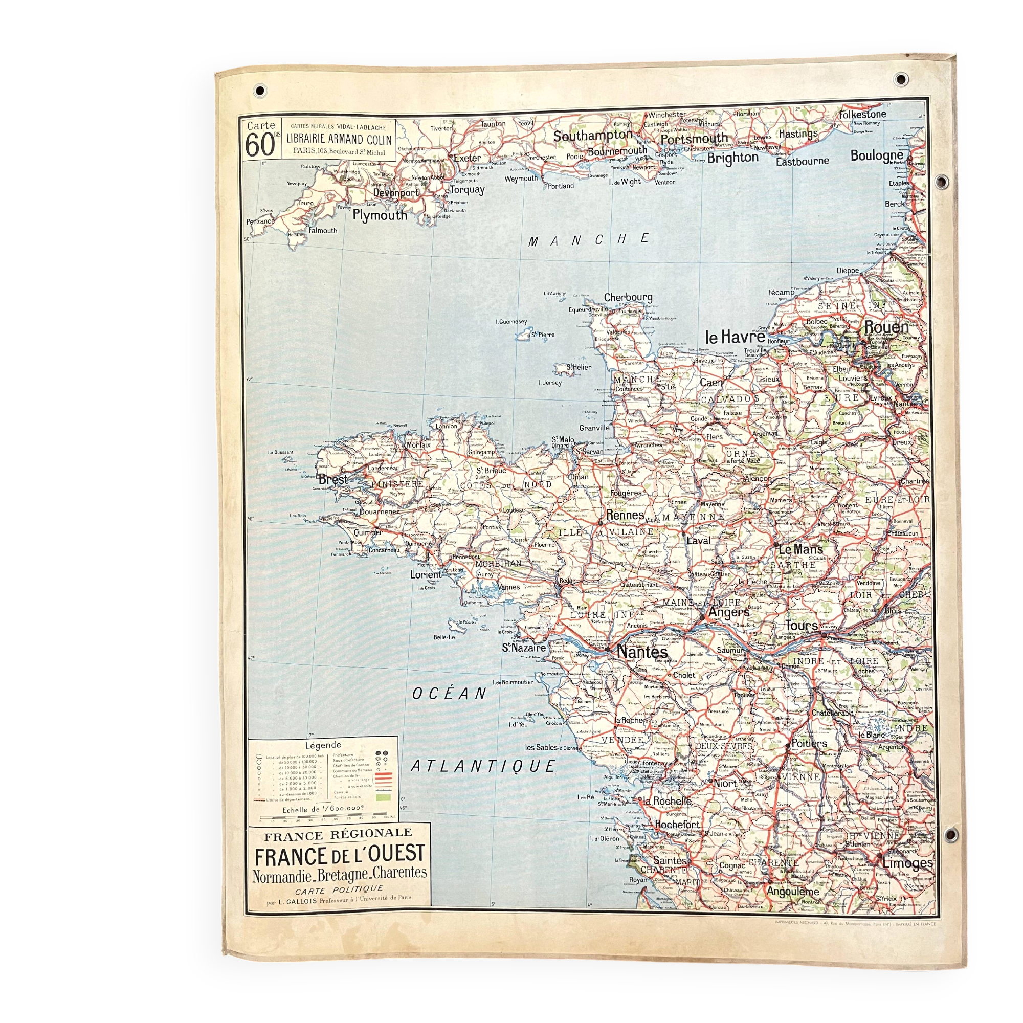 🌍Old school map Vidal-Lablache 60, 1940 - West France, Brittany