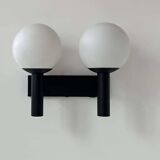 Vintage double wall lamp, opaline and black lacquered metal, Raak Netherlands 1960