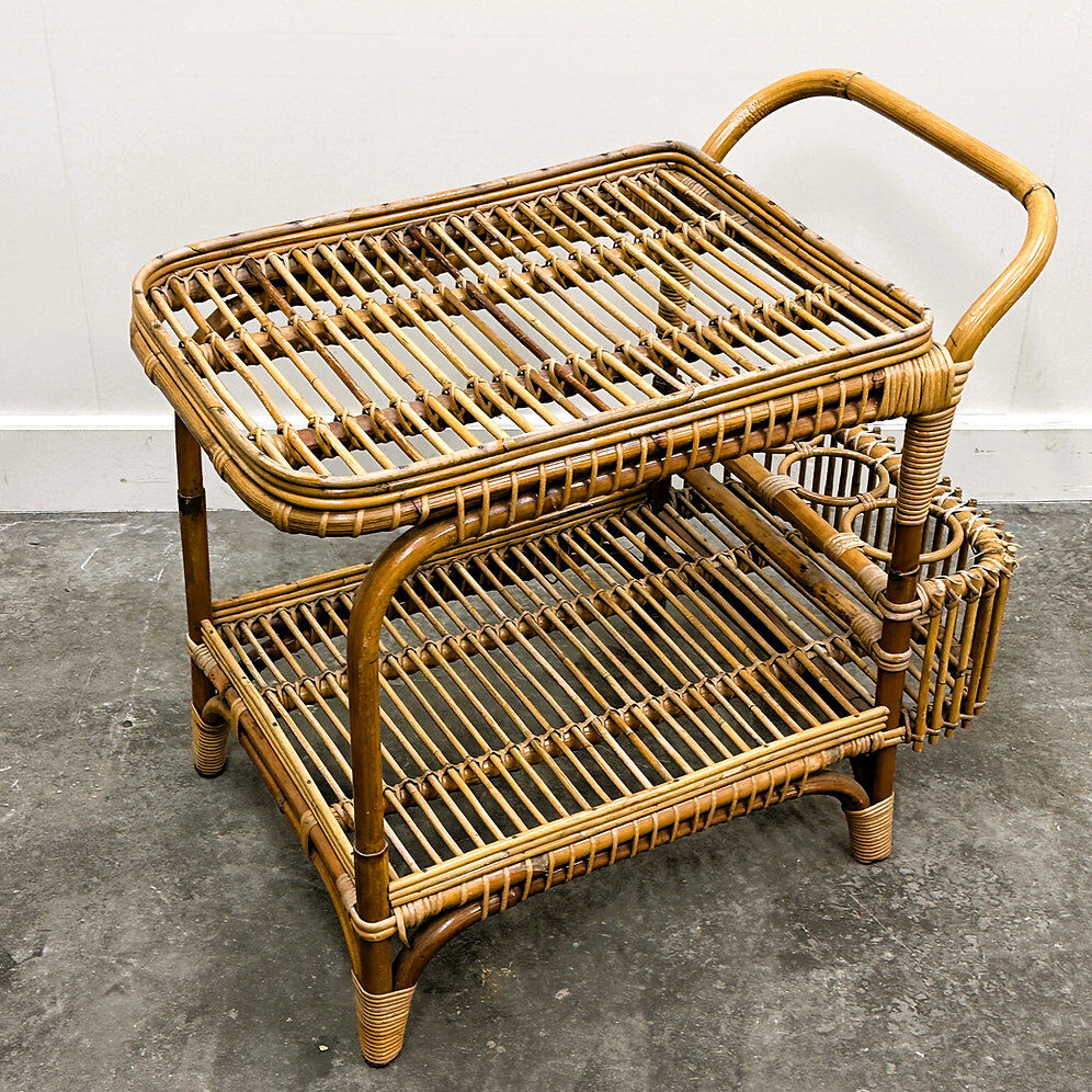 Vintage Italian rattan bar cart with bottle holder, 1970s