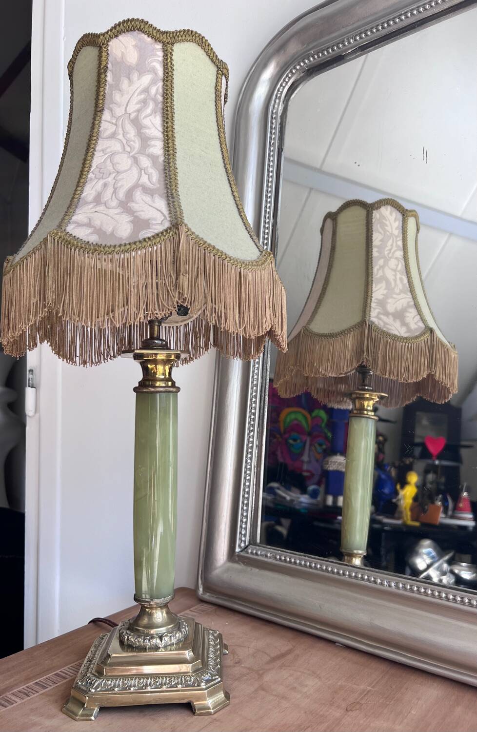 Large vintage lamp in green onyx and gilded brass - vintage lampshade
