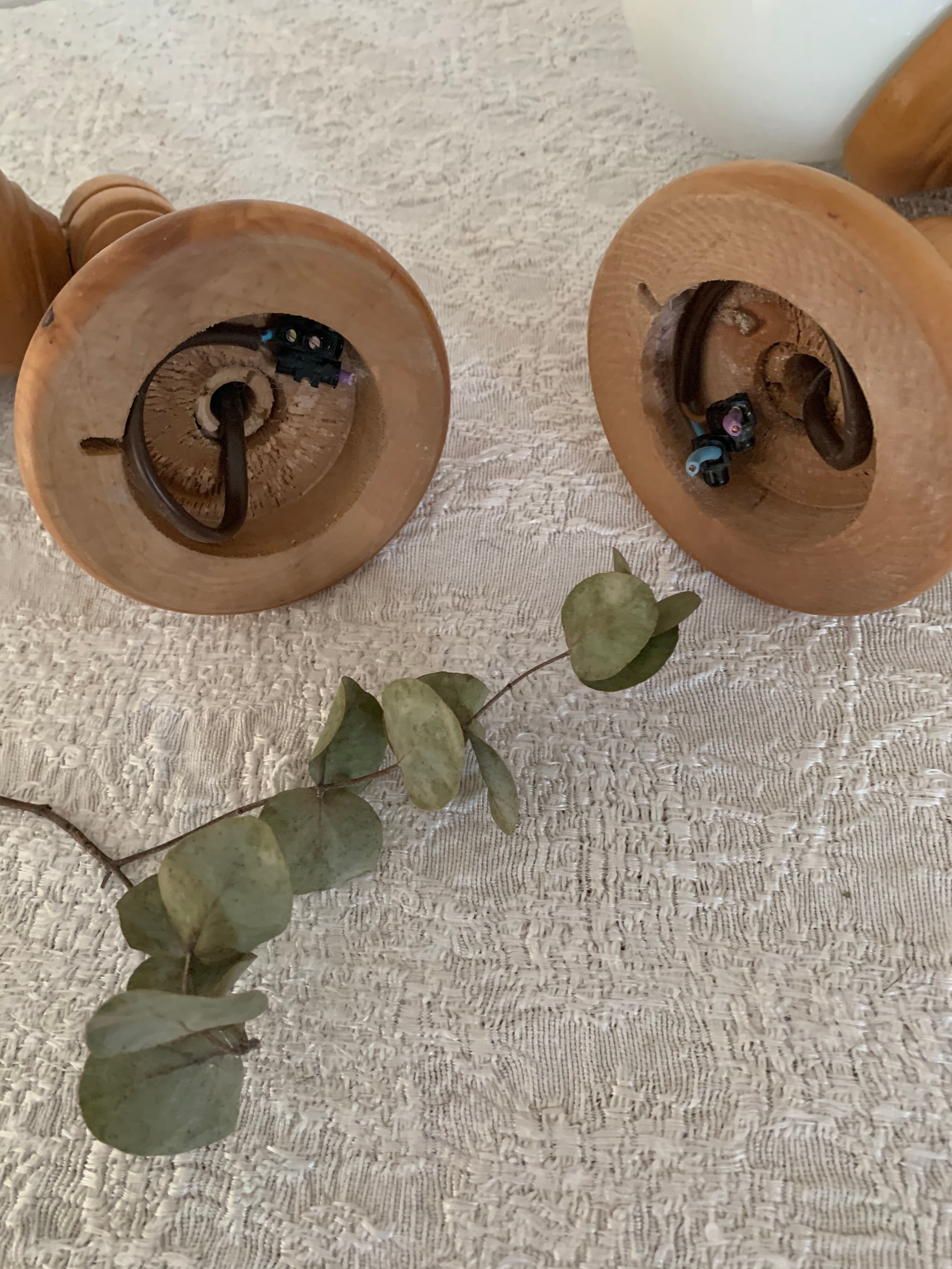 Opaline and wood sconces