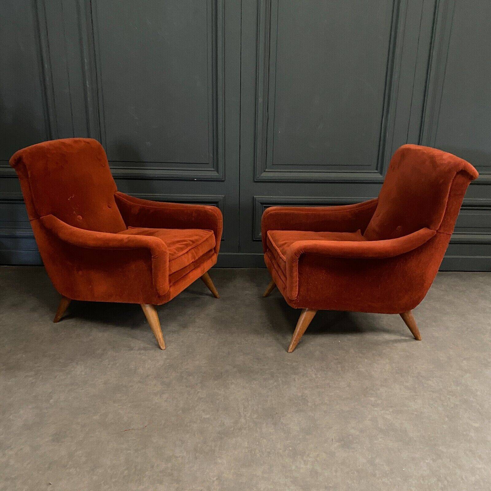 Pair of Scandinavian work armchairs from the 60s in velvet and compass legs