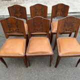 6 Art Deco gondola chairs in solid oak with brown leatherette, 1930s.
