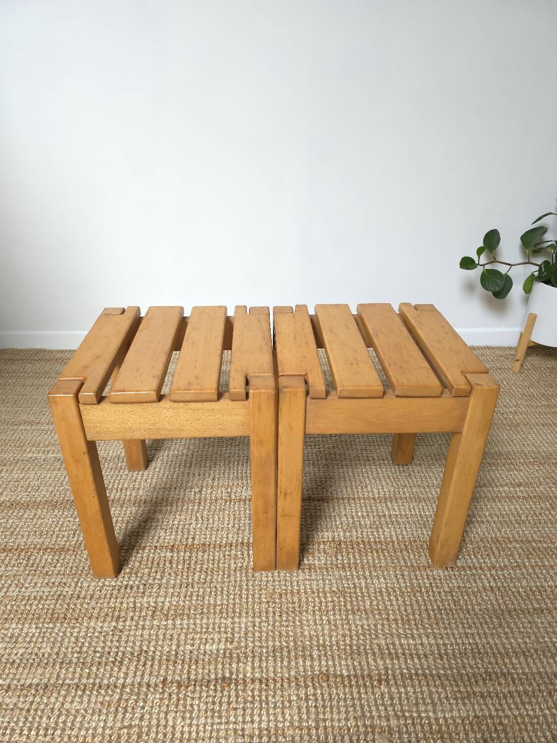 2 solid beech wood stools 1980