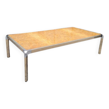 Table basse en ronce de bois et acier, France années 1970