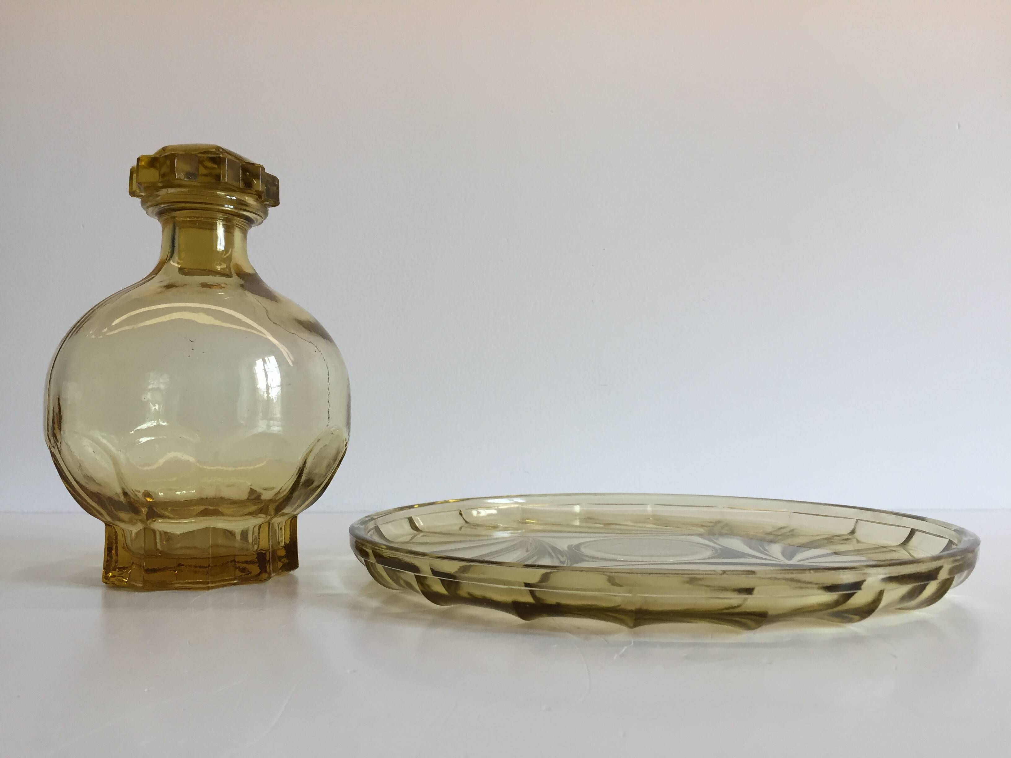 ART DECO Tray and Carafe Amber Yellow Glass