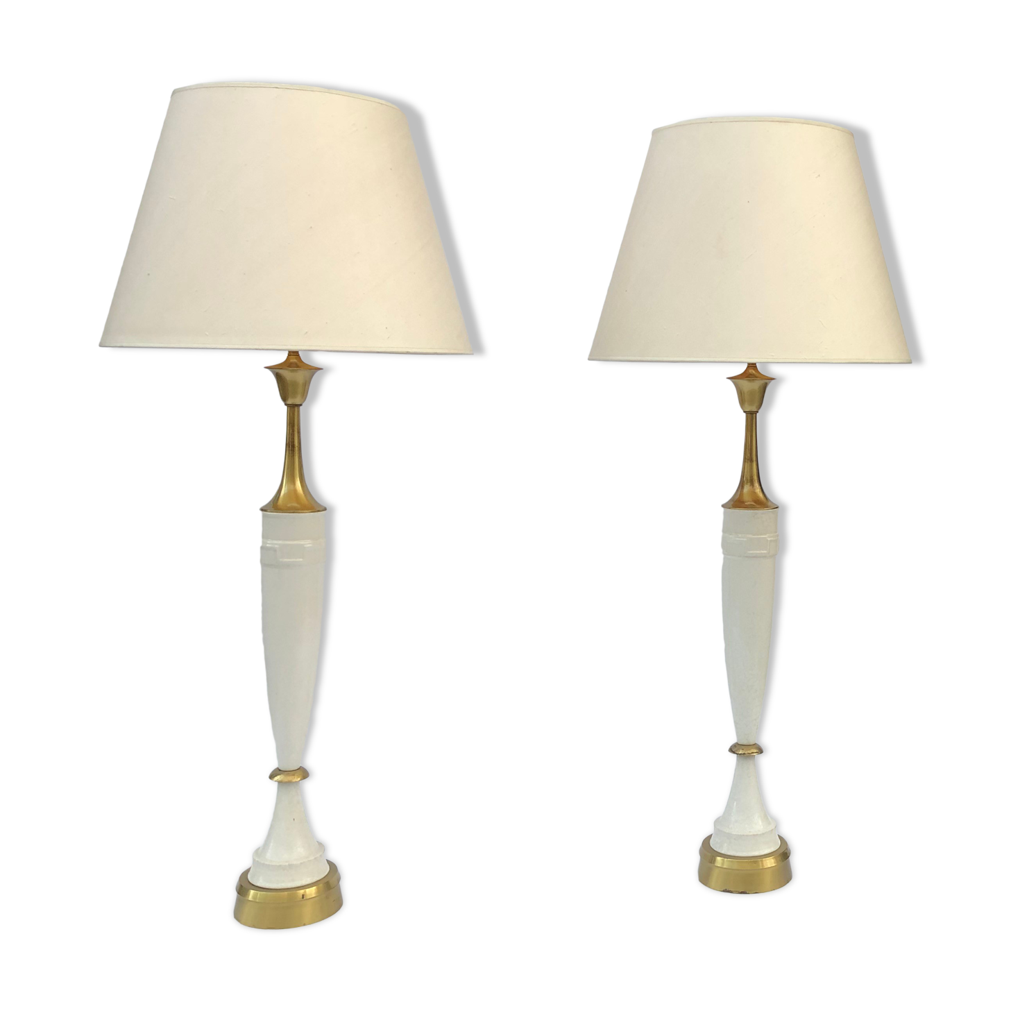 1960s laurel greek key ceramic brass table lamps hollywood regency neoclassical
