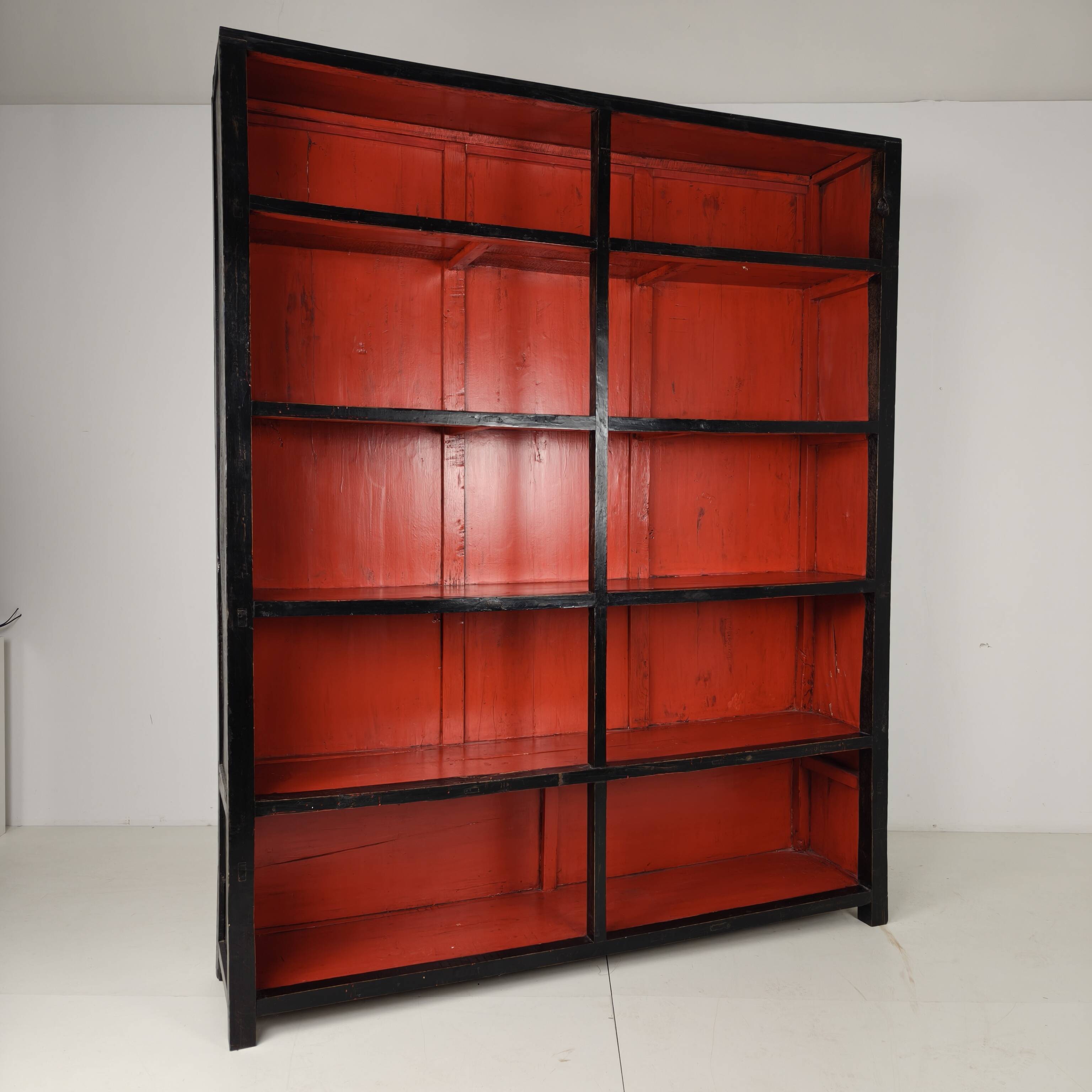 Antique Chinese Display Cabinet / Open Bookcase with Red Lacquer Interior